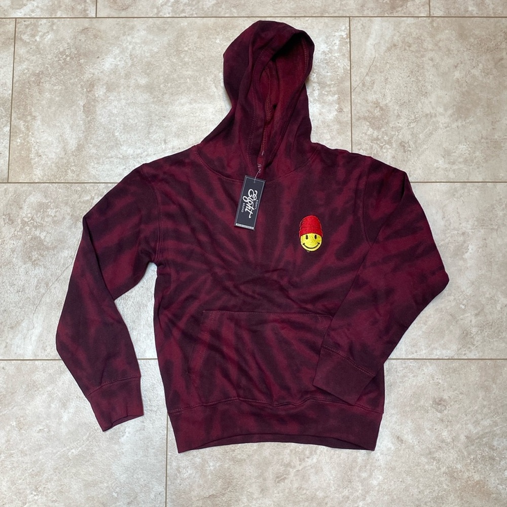 Tye-dye Maroon & black sweatshirt hoodie Smiley-face w/beanie skater kid pocket